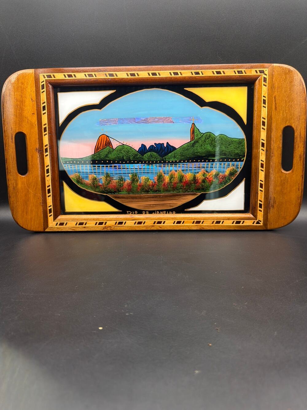 Vintage Brazilian Butterfly Wing Art Marquetry Serving Tray Liane Souvenirs Rio